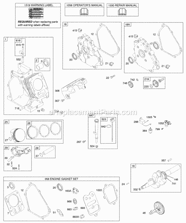 Briggs and Stratton 128332-0036-E1 Engine Camshaft Crankcase Cover Crankshaft Cylinder Lubrication Piston Group Diagram