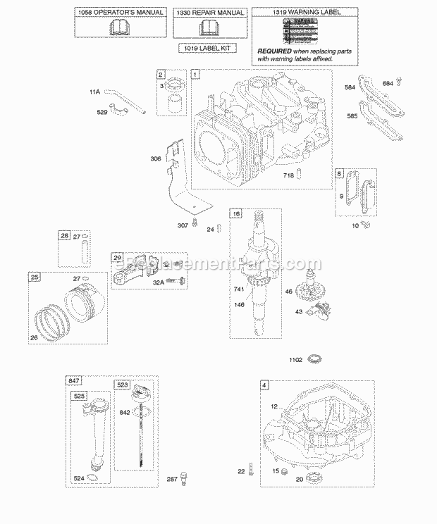 Briggs and Stratton 128602-0100-E1 Engine Camshaft Crankshaft Cylinder Engine Sump Lubrication Piston Group Diagram