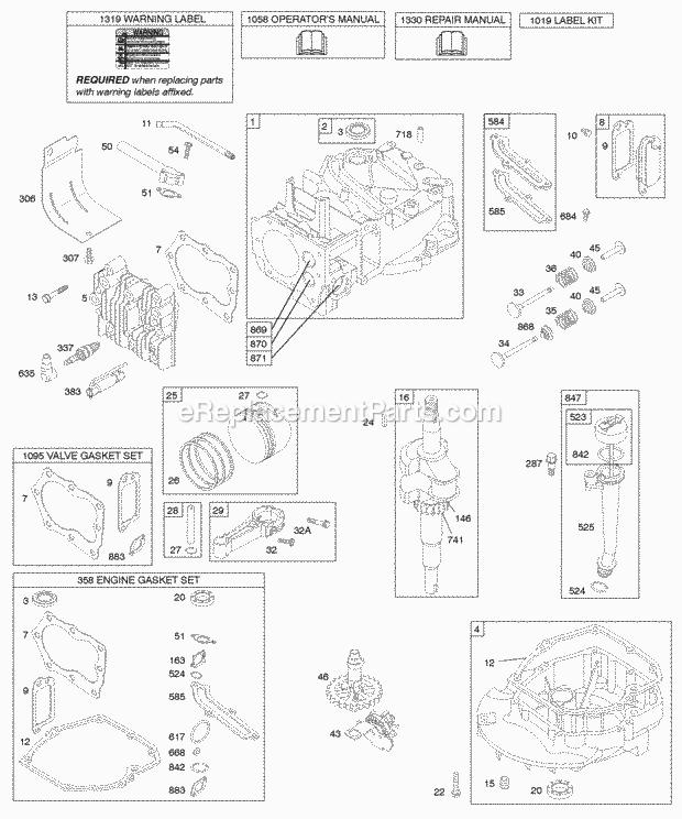 Briggs and Stratton 128H02-0375-E1 Engine Camshaft Crankshaft Cylinder Engine Sump KitGasket Lubrication Piston Group Valves Diagram