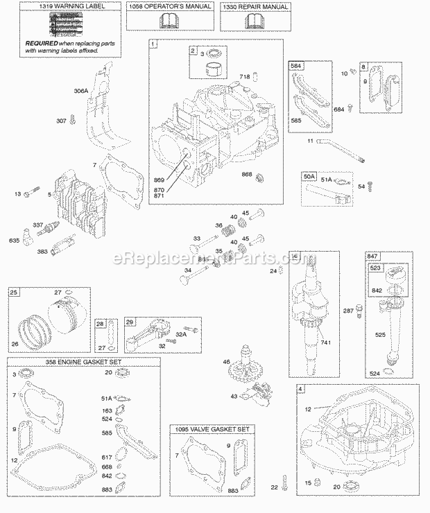 Briggs and Stratton 128L02-0025-F1 Engine Camshaft Crankshaft Cylinder Engine Sump Lubrication Piston Group Valves Diagram