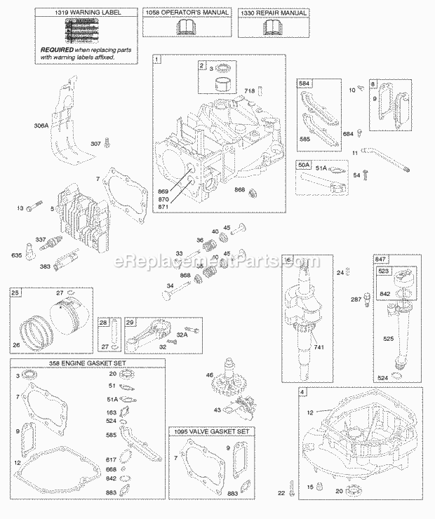 Briggs and Stratton 128T02-0112-B1 Engine Camshaft Crankshaft Cylinder Engine Sump Lubrication Piston Group Valves Diagram