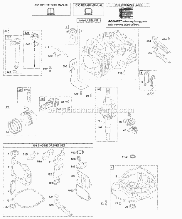 Briggs and Stratton 129602-0113-B1 Engine Camshaft Crankshaft Cylinder Engine Sump Lubrication Piston Group Diagram