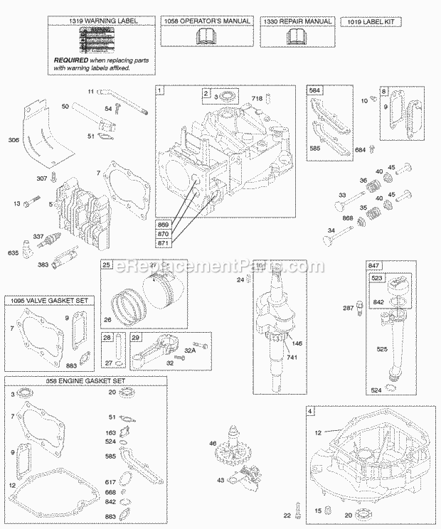 Briggs and Stratton 129H02-0105-E1 Engine Camshaft_Crankshaft_Cylinder_Engine_Sump_KitGasket_Lubrication_Piston_Group_Valves Diagram
