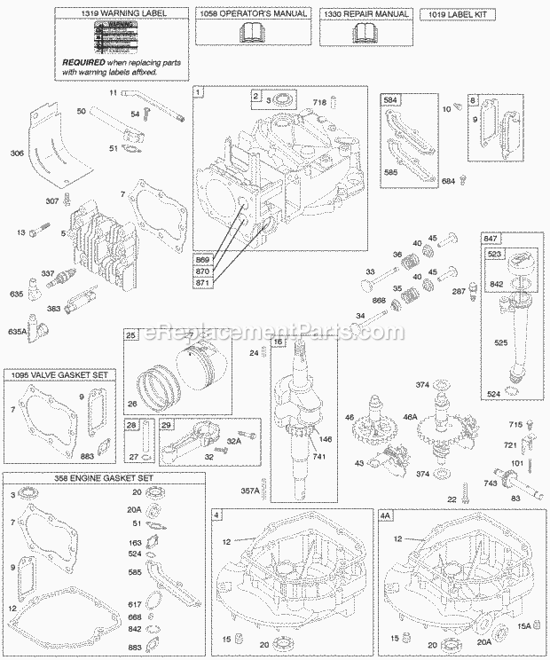 Briggs and Stratton 12J802-1303-01 Engine Cams Crankshaft Cylinder Engine Sump KitGaskets Lubrication Piston Group Valves Diagram