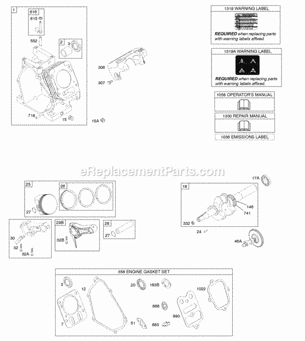 Briggs and Stratton 12K332-0153-01 Engine Camshaft Crankshaft Cylinder KitEngine Gasket Piston Group Diagram