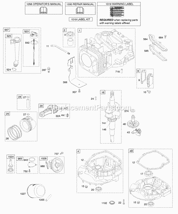 Briggs and Stratton 12Q512-0121-B1 Engine Camshaft Crankshaft Cylinder Engine Sump Lubrication Piston Group Diagram
