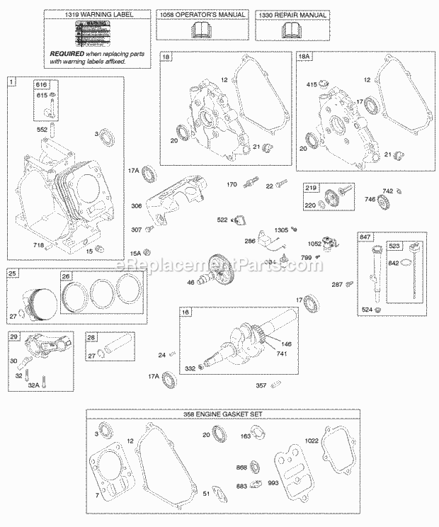 Briggs and Stratton 12S237-0113-F8 Engine Camshaft Crankcase Cover Crankshaft Cylinder Lubrication Piston Group Diagram