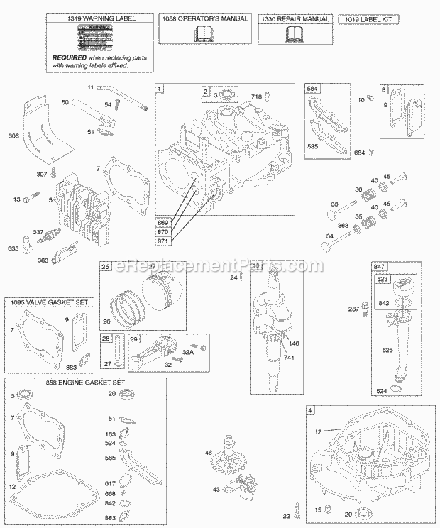 Briggs and Stratton 12U802-0633-01 Engine Cams Crankcase CoverSump Crankshaft Cylinder Group KitGaskets Oil Piston Group Valves Diagram