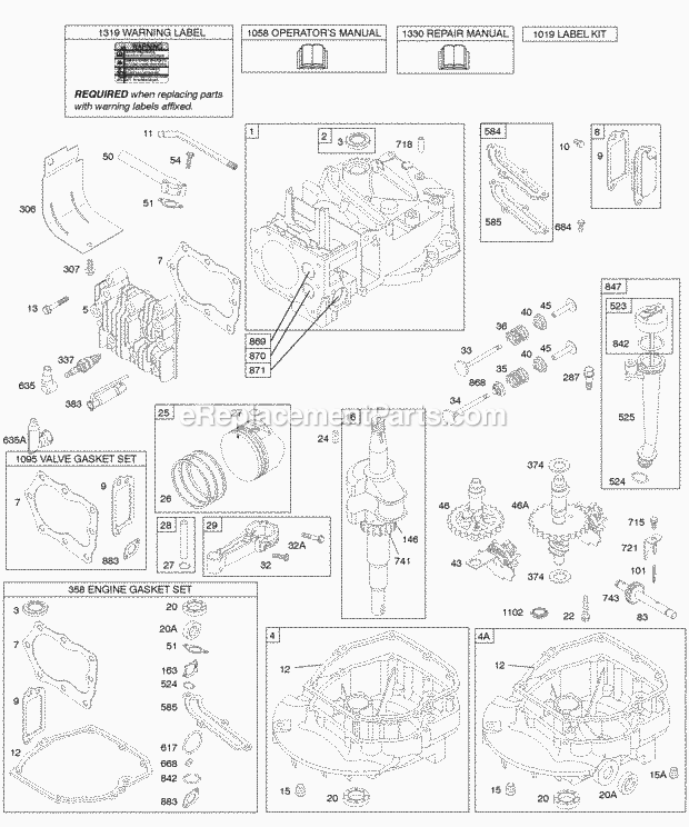 Briggs and Stratton 12X812-0119-B1 Engine Cams Crankshaft Cylinder Engine Sump KitGaskets Lubrication Piston Group Valves Diagram