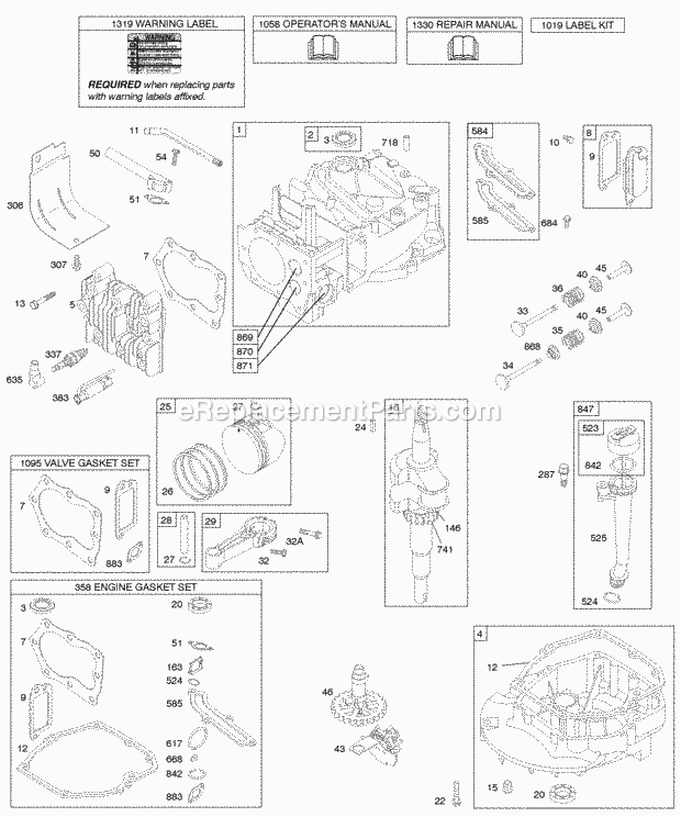 Briggs and Stratton 12Y802-0100-E1 Engine Cam Crankshaft Cylinder Engine Sump KitGaskets Lubrication Piston Group Valves Diagram