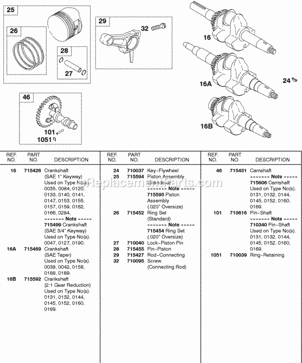 Briggs and Stratton 138432-0134-B1 Engine Camshaft Crankshaft PistonRingsConnecting Rod Diagram