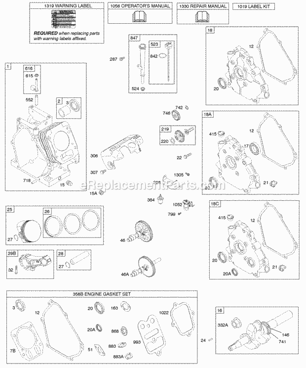 Briggs and Stratton 150112-0023-E9 Engine Camshaft Crankcase Cover Crankshaft Cylinder Lubrication Piston Group Diagram