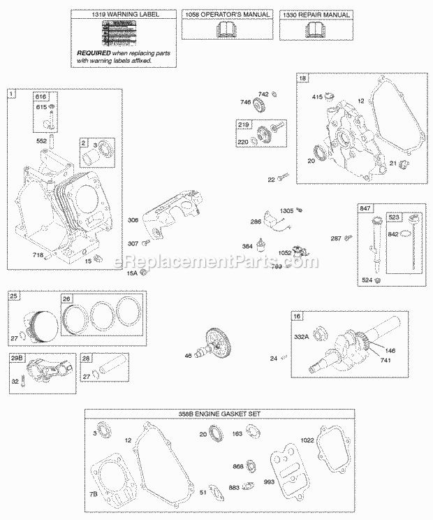 Briggs and Stratton 157102-1015-E8 Engine Camshaft Crankcase Cover Crankshaft Cylinder Lubrication Piston Group Diagram