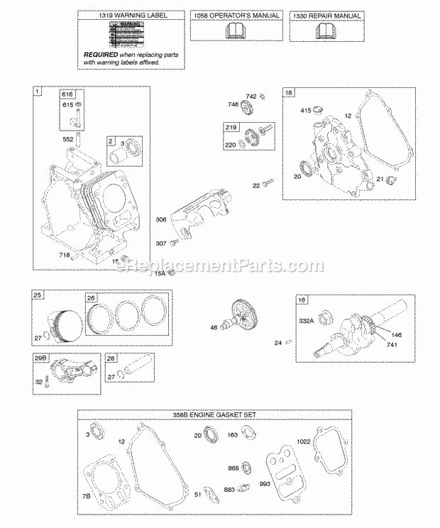 Briggs and Stratton 157202-1014-E8 Engine Camshaft Crankcase Cover Crankshaft Cylinder Lubrication Piston Group Diagram