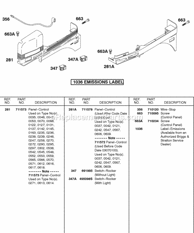 Briggs and Stratton 185432-0052-01 Engine Control Panel Diagram