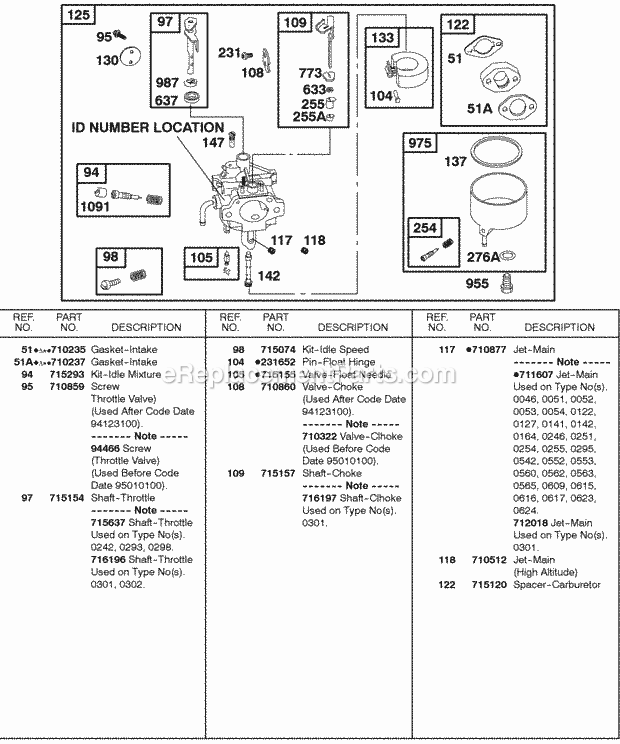 Briggs and Stratton 185432-0122-01 Engine Carburetor Diagram