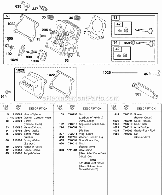 Briggs and Stratton 187432-0110-B1 Engine Cylinder Head Valves Diagram