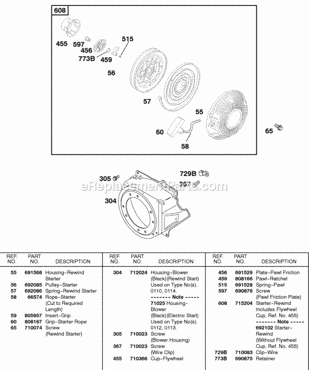 Briggs and Stratton 187437-0113-E9 Engine Blower Housing Rewind Starter Diagram