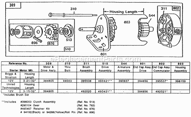 Briggs and Stratton 190412-3094-01 Engine Electric Starter And Chart Diagram