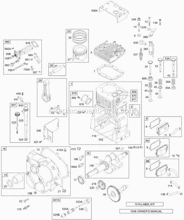 Briggs and Stratton 192417-0191-01 Engine Crankshaft Crankcase Cover Breather Cylinder Piston Dipstick Diagram