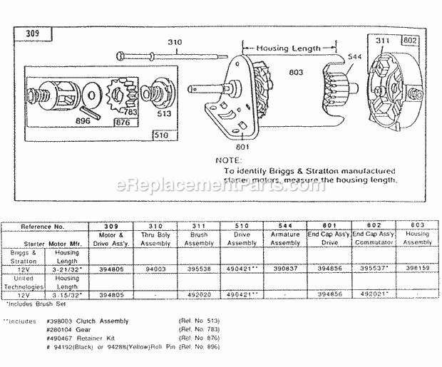 Briggs and Stratton 195432-0655-01 Engine Electric Starter And Chart Diagram