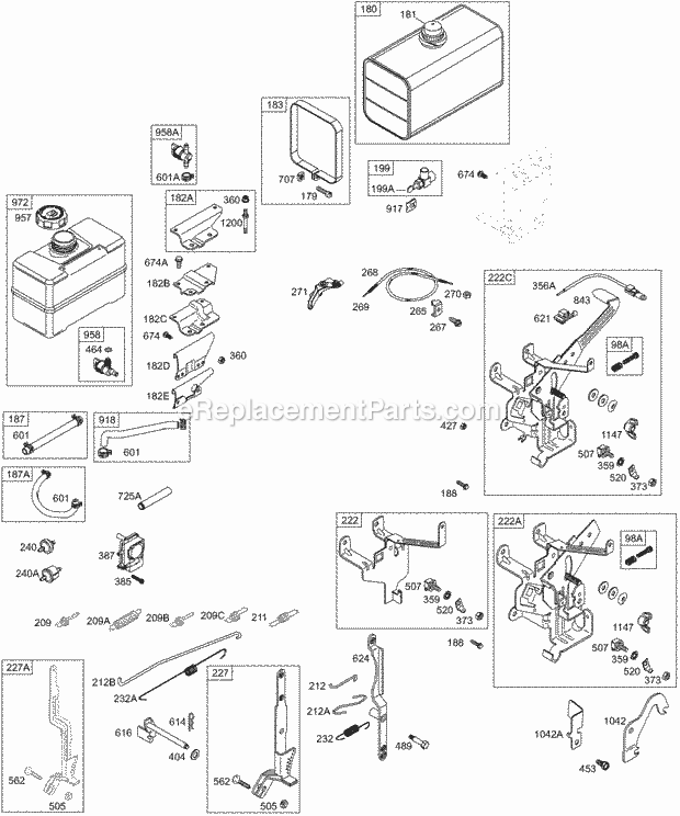 Briggs and Stratton 196432-1243-E1 Engine Controls Springs Fuel Tank Hoses Diagram