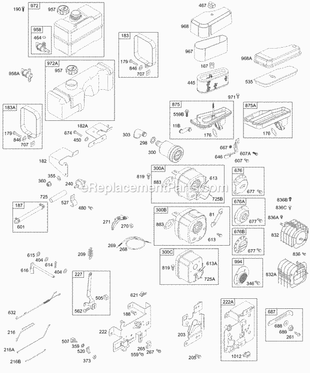 Briggs and Stratton 196702-0130-01 Engine Controls Fuel Air Cleaner Mufflers Diagram