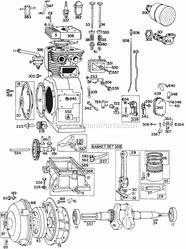 Briggs and Stratton 200431-0021-99 Engine CylinderGear CasePiston Diagram