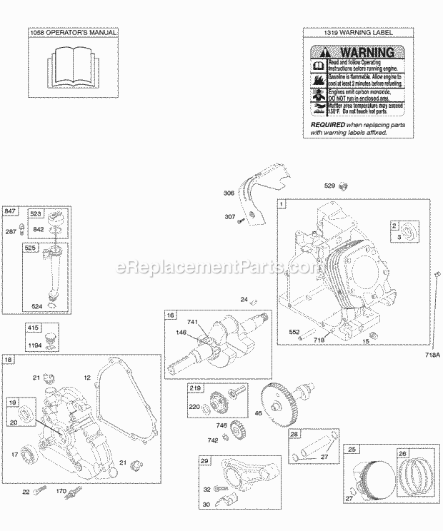 Briggs and Stratton 202412-0158-E1 Engine Camshaft Crankcase Cover Crankshaft Cylinder Lubrication OperatorS Manual PistonRingsConnecting Rod Warning Label Diagram