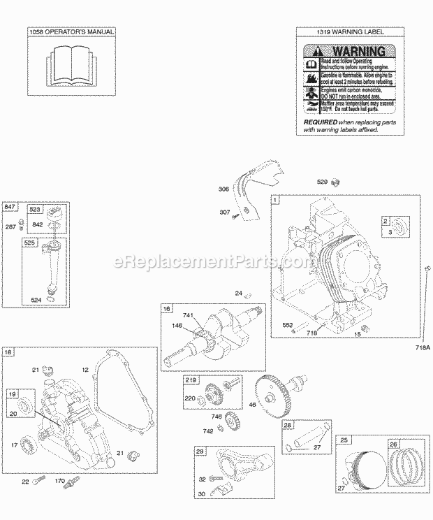 Briggs and Stratton 203432-0118-E1 Engine Camshaft Crankcase Cover Crankshaft Cylinder Gasket Set - Engine Lubrication OperatorS Manual PistonRingsConnecting Rod Warning Label Diagram