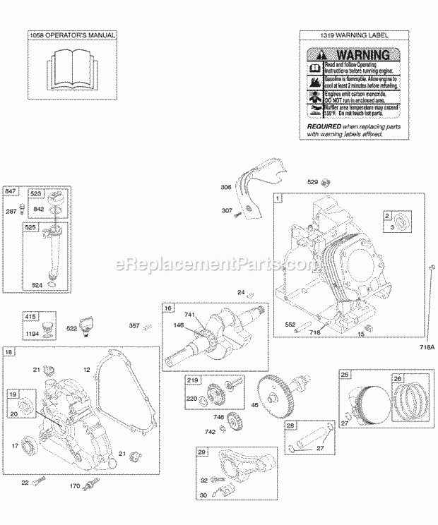 Briggs and Stratton 206432-0035-E1 Engine Camshaft Crankcase Cover Crankshaft Cylinder Lubrication OperatorS Manual PistonRingsConnecting Rod Warning Label Diagram