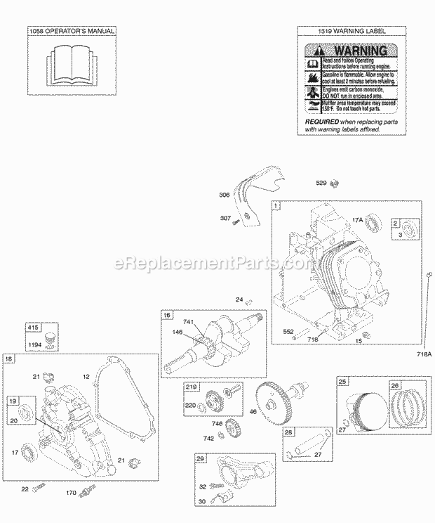 Briggs and Stratton 207432-0122-E9 Engine Camshaft Crankcase Cover Crankshaft Cylinder Lubrication OperatorS Manual PistonRingsConnecting Rod Warning Label Diagram