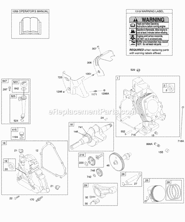 Briggs and Stratton 20A412-0007-E1 Engine Camshaft Crankcase Cover Crankshaft Cylinder Lubrication OperatorS Manual PistonRingsConnecting Rod Warning Label Diagram