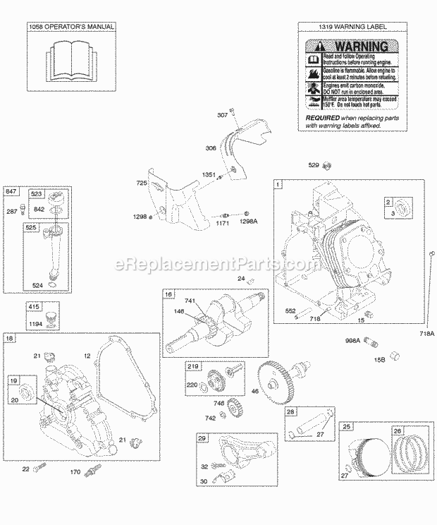 Briggs and Stratton 20A414-0114-E1 Engine Camshaft Crankcase Cover Crankshaft Cylinder Lubrication OperatorS Manual PistonRingsConnecting Rod Warning Label Diagram