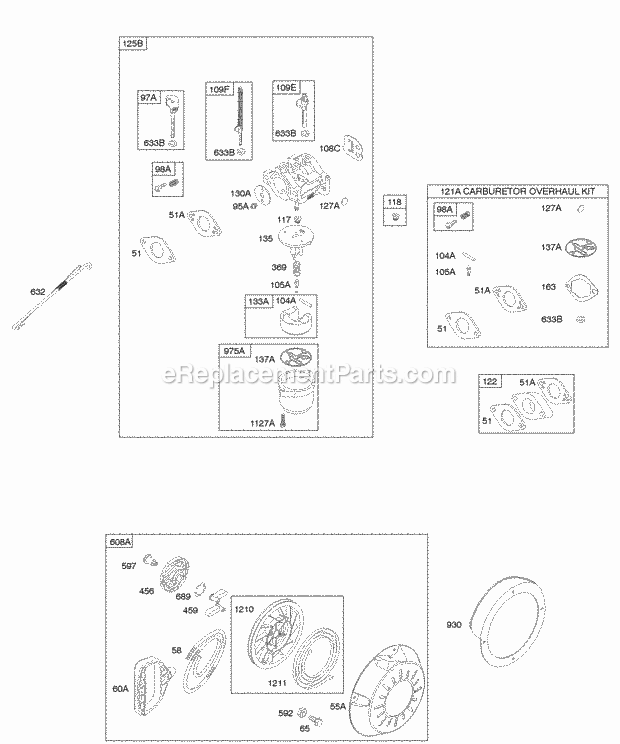 Briggs and Stratton 20A414-0114-E1 Engine Carburetor Kit - Carburetor Overhaul Rewind Starter Diagram