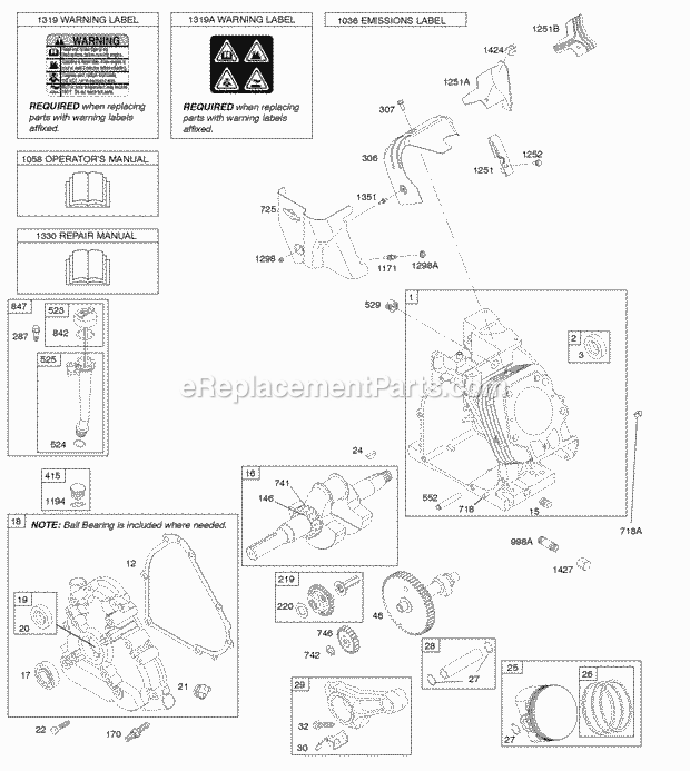 Briggs and Stratton 20P214-1183-E1 Engine Camshaft Crankcase Cover Crankshaft Cylinder Lubrication OperatorS Manual PistonRingsConnecting Rod Warning Label Diagram