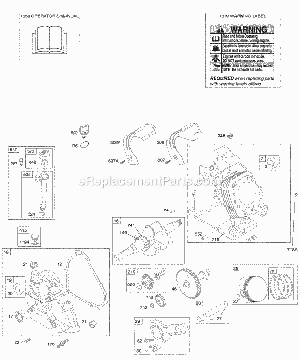 Briggs and Stratton 210417-0193-E9 Engine Camshaft Crankcase Cover Crankshaft Cylinder Lubrication OperatorS Manual PistonRingsConnecting Rod Warning Label Diagram