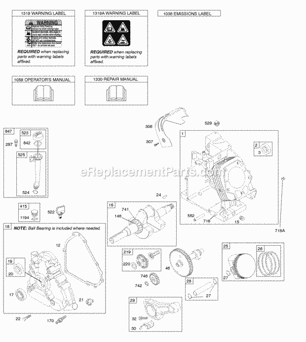 Briggs and Stratton 212312-0125-B1 Engine Camshaft Crankcase Cover Crankshaft Cylinder Lubrication OperatorS Manual PistonRingsConnecting Rod Warning Label Diagram