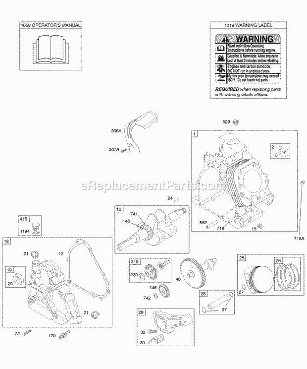 Briggs and Stratton 216115-0111-E1 Engine Camshaft Crankcase Cover Crankshaft Cylinder OperatorS Manual PistonRingsConnecting Rod Warning Label Diagram