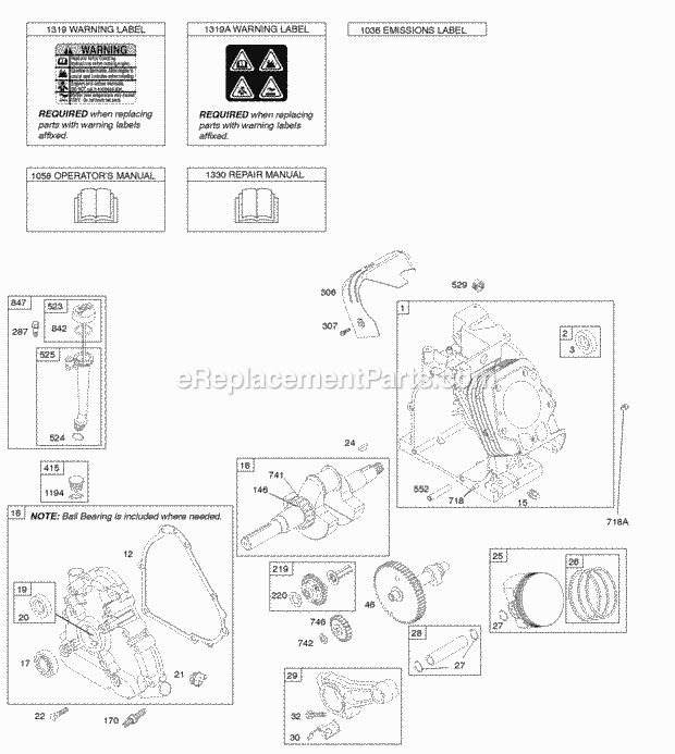 Briggs and Stratton 217312-0118-B1 Engine Camshaft Crankcase Cover Crankshaft Cylinder Lubrication OperatorS Manual PistonRingsConnecting Rod Warning Label Diagram