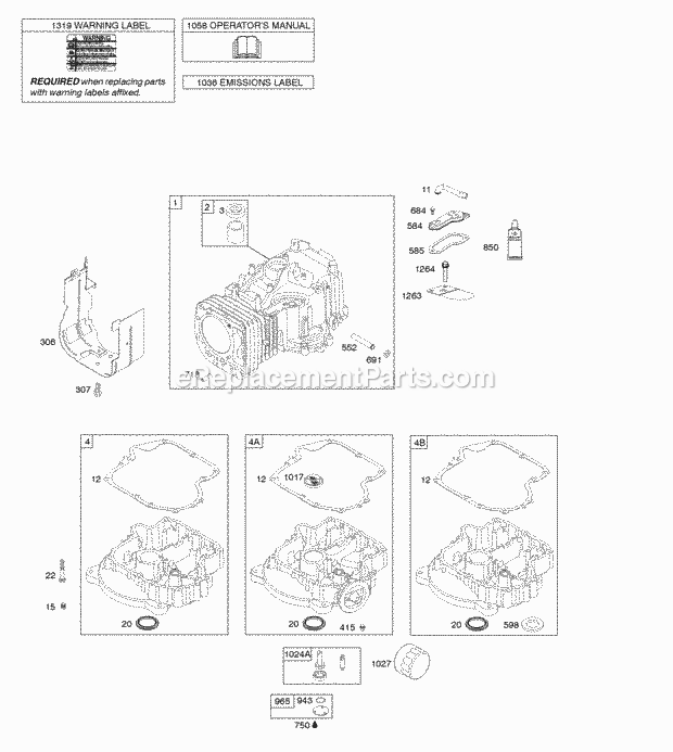 Briggs and Stratton 219807-0146-E1 Engine Cylinder Engine Sump OperatorS Manual Warning Label Diagram