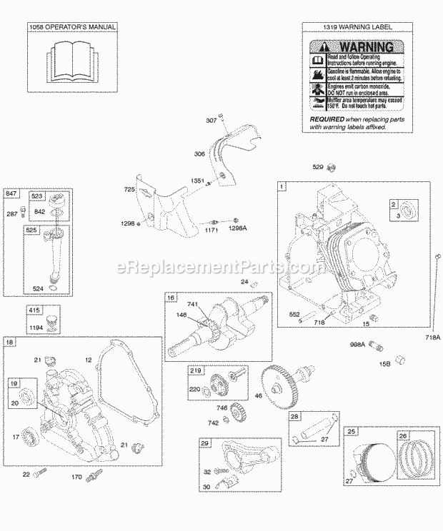 Briggs and Stratton 21A414-0019-E1 Engine Camshaft Crankcase Cover Crankshaft Cylinder Lubrication OperatorS Manual PistonRingsConnecting Rod Warning Label Diagram