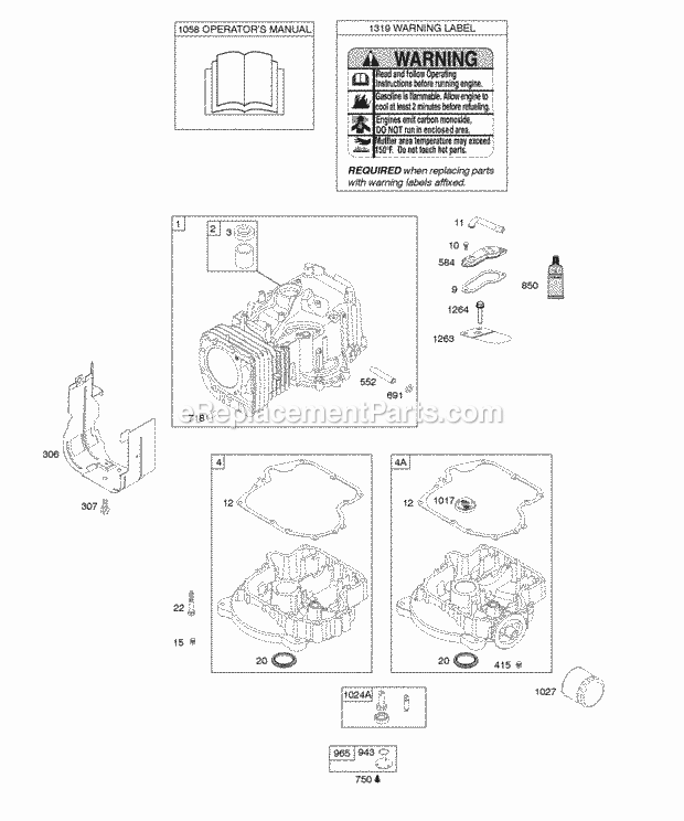 Briggs & Stratton 21A807-0167-B1 Engine Cylinder Engine Sump OperatorS Manual Warning Label Diagram