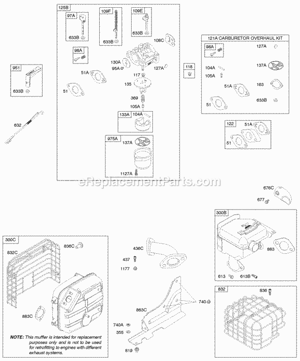 Briggs and Stratton 21C214-0112-E1 Engine Carburetor Exhaust System Kit - Carburetor Overhaul Diagram