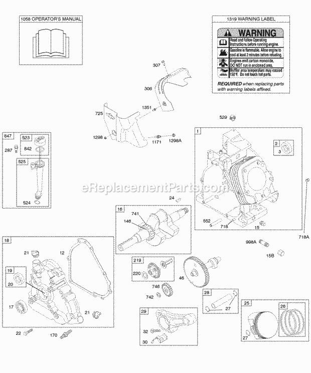 Briggs and Stratton 21C214-0135-E1 Engine Camshaft Crankcase Cover Crankshaft Cylinder Lubrication OperatorS Manual PistonRingsConnecting Rod Warning Label Diagram