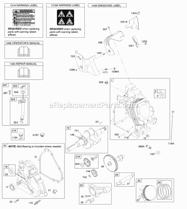 Briggs and Stratton 21M307-0131-F1 Engine Camshaft Crankcase Cover Crankshaft Cylinder Lubrication OperatorS Manual PistonRingsConnecting Rod Warning Label Diagram