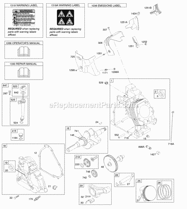 Briggs and Stratton 21P237-0119-E1 Engine Camshaft Crankcase Cover Crankshaft Cylinder Lubrication PistonRingsConnecting Rod Diagram