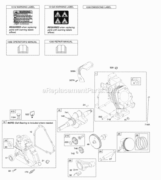 Briggs and Stratton 21T112-0114-F1 Engine Camshaft Crankcase Cover Crankshaft Cylinder Lubrication OperatorS Manual PistonRingsConnecting Rod Warning Label Diagram