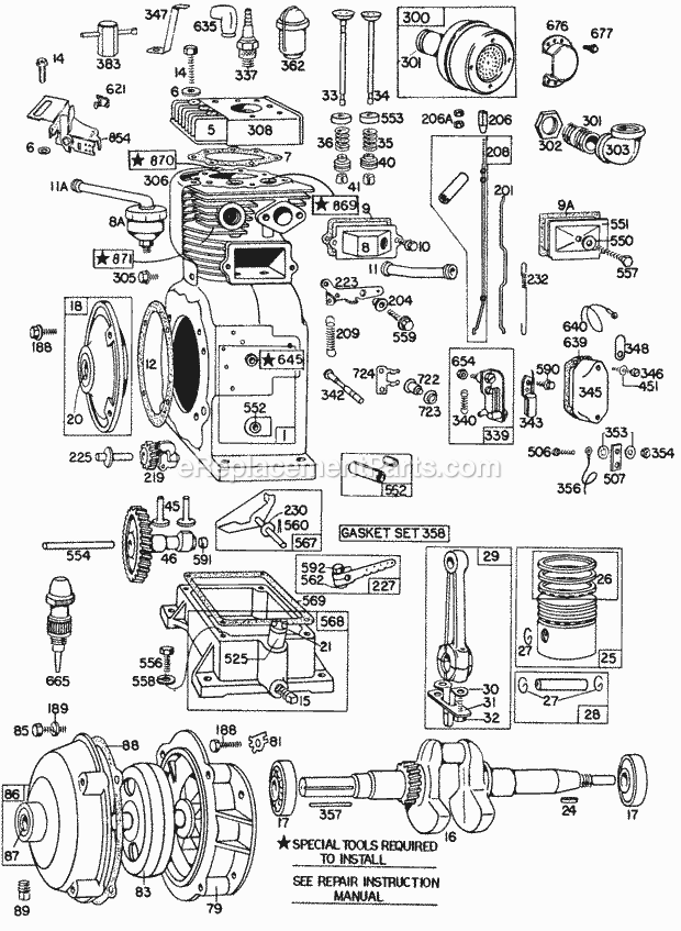 Briggs & Stratton 233401-0197-99 Engine CylinderGear CasePiston Diagram