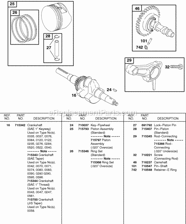 Briggs and Stratton 235432-0520-B1 Engine Camshaft Crankshaft Piston Rings Connecting Rod Diagram